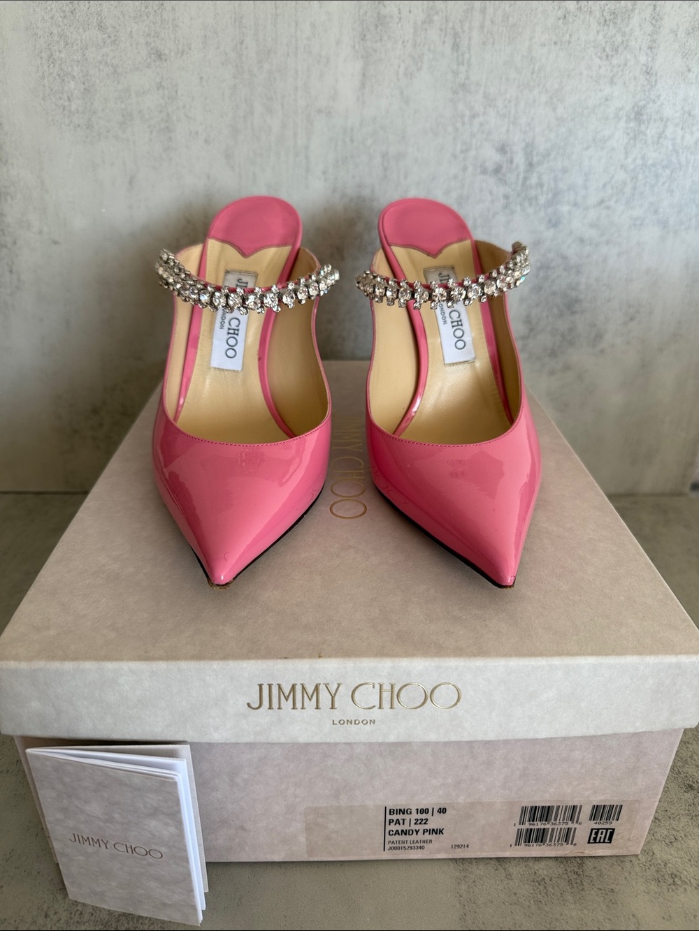Jimmy Choo Bing 100 Crystal Patent Leather Mules Candy Pink Size 40